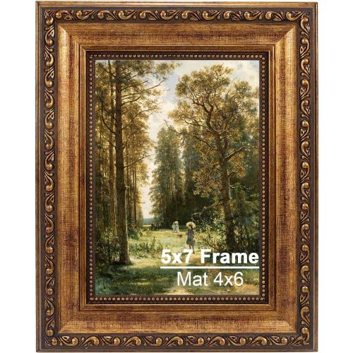 5x7 Vintage Gold Picture Frame, Ornate Victorian Frames for Gallery Wall or Tabletop with Real Glass, Display Art 4x6 with Mat or 5x7 without Mat for Antique Déco