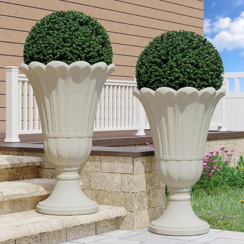 23 Tall Planters for Outdoor Plants Set of 2, Planter with Drainage Holes and Petal Design, Large Outdoor Planters for Porch, Garden, Indoor, Beige
