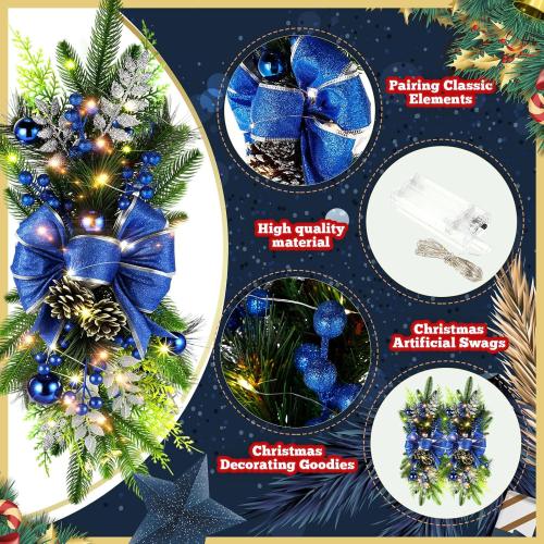 Lyrow 4 Pack Christmas Artificial Swags 24 Xmas The Cordless Prelit Stairway Swag Teardrop Trim Wreath Door Stair Garland Christmas Decoration for Outdoor Home Garden Decor(Blue,Novel Style)