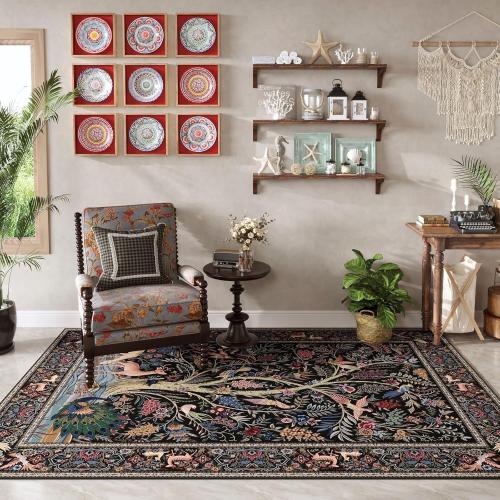 Vibrant Tree of Life-Patterned Vintage Washable Rugs Non Slip Low Pile Small Carpet for Bedroom Bedside Kids Room Office Dining Room, Black