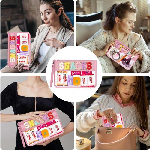 Large Chenille Letter Clear Zipper Pouch for Travel, Nylon Makeup Letter Bag, PVC Waterproof Cosmetic Bag, Snack Bags for Women Girls, Clear Stuff Bags For Travel(Pink-Snacks)