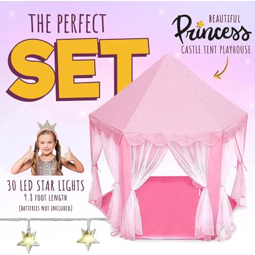 ORIAN Princess Castle Playhouse Tent for Girls with LED Star Lights – Indoor & Outdoor Large Kids Play Tent for Imaginative Games – ASTM Certified, 230 Polyester Taffeta. Pink 55x53.