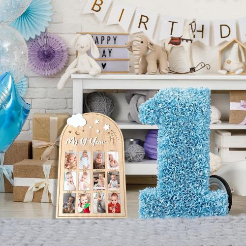 My First Year Wooden Photo Board, Baby’s First Year Picture Frame, One Year Birthday Photo Display Wood Board, 12 Months Milestone Board Photo Frame, Gift for Newborn Baby 1st Birthday Memories Nursery Decoration (Star)