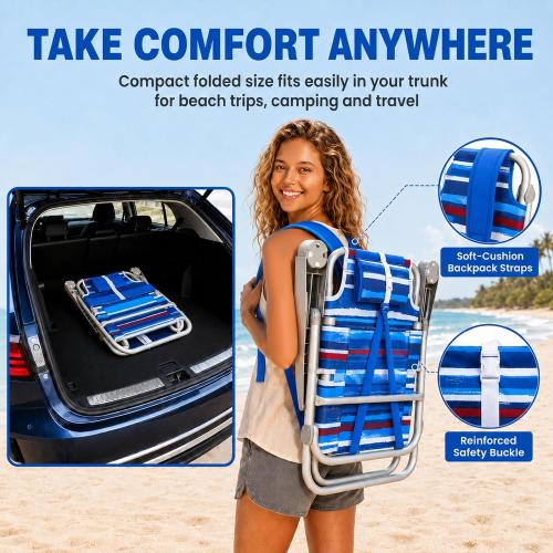 SUNNYFEEL XL 28 Extra Wide Beach Chair for Adults,Low Backpack Beach Chair | 5-Position Lay Flat Reclining, 500 lb Heavy Duty Folding Chair with Pillow & Cup Holder, Darkblue Stripe
