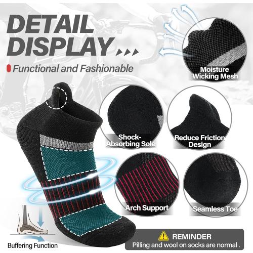 6 Pairs Merino Wool Ankle Running Hiking Socks Compression Support Breathable Thick Cushion No Show Socks for Women Men