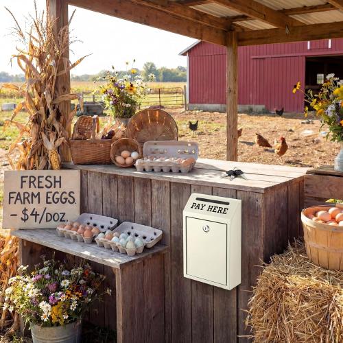 Yaocom Metal Money Cash Box,Beige,10.2 X 5.7 X 2.8 Inch | Wall Mount Pre-drilled Farm Stand Outdoor, Lockable Drop Slot for Donations, Pay Here Self-serve Safe Cash Lock Box