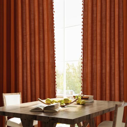 SMABU Terracotta Boho Linen Curtains 84 Inches Long 2 Panels Set, Light Filtering Semi Sheer Drapes with Back Tab & Rod Pocket, Tassel Decor for Bohemian Farmhouse Living Room, Bedroom, 52x84