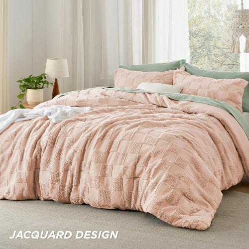 Bedsure Dusty Rose King Size Comforter  Boho Tufted Bed Set, Checkered Farmhouse-Style