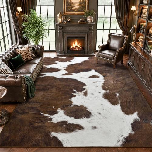 Foxmas Cow Print Rugs for Living Room Bedroom, 8x10 Washable Non-Slip Low Pile Indoor Floor Rug, Carpet for Dining Room Kitchen Office Western Home Decor, Brown