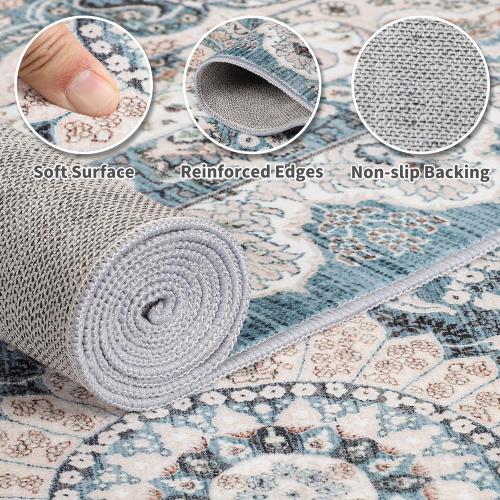 Foxmas 8x10 Area Rugs for Living Room, Machine Washable Vintage Rug, Non-Slip Low Pile Throw Rugs with Rubber Backing Washable Carpet for Bedroom Dining Room Kitchen Home Decor, Blue