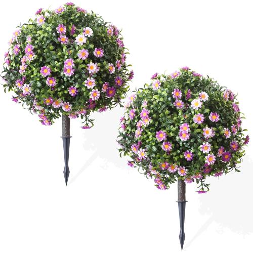 AUMMOOH Artificial Boxwood Topiary Ball Trees Set of 2 – Daisy or Rose Flower – Red or Purple – UV Resistant Stake Plants for Planters Porch Patio Garden Decor(Purple, Daisy)