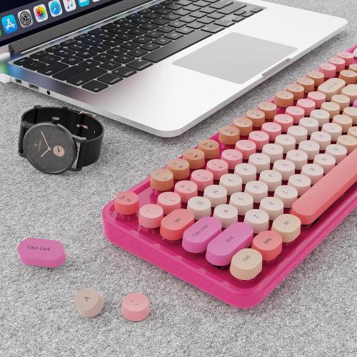 SkyGive Wireless Keyboard and Mouse Combo, Ergonomic Full Size Typewriter Retro Round Keycaps Keyboard, Compatible with Windows, PC, Perfer for Home and Office Keyboards （Red）