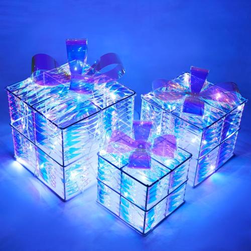 JOIEDOMI Christmas Lighted Gift Boxes, Light Up Christmas Decorations Set of 3 Iridescent Present Boxes, Xmas Boxe Light with LED Cool White for Indoor Porch Patio Holiday Xmas Eve Night Décor