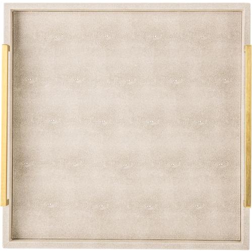 Large Ottoman Tray for Coffee Table,Square Shagreen Leather Decorative Tray with Gold Handles for Living Room Decor