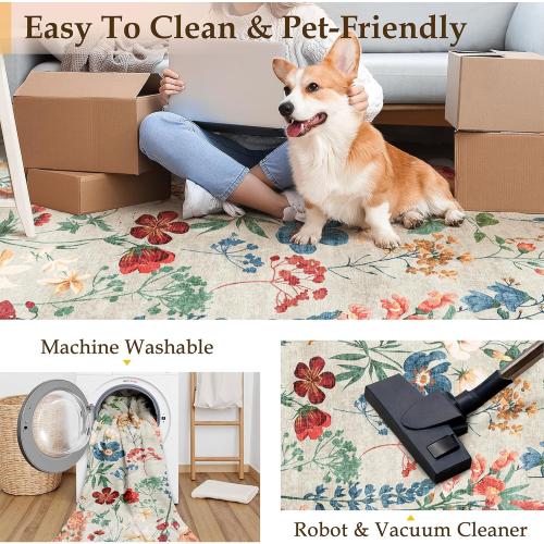 Floral Runner Rug Washable Hallway Long Beige Bedroom Carpet Non Slip Indoor Boho Kitchen Low Pile Accent Rug Lightweight Soft for Bathroom Dining Laundry Living Room