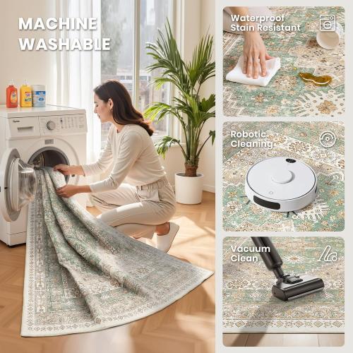 zesthome 8x10 Area Rugs for Living Room,Non-Slip Backing Washable Rugs,Vintage Large Area Rug，Stain Resistant Home Decor Rug (Green/Brown,8'x10')