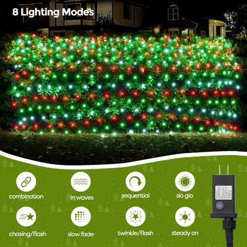 WBao F8 Big Bulbs Christmas Net Lights, 200LED 8.4ft x 5.2ft Christmas Bushes Lights with 8 Modes, Timer, End to End Connectable, Waterproof for Lawn, Bushes Outdoor Xmas Decorations, Red Green White