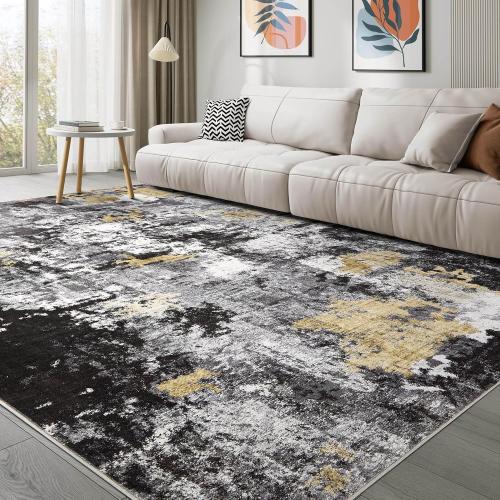 Washable Rug 8x10 Area Rugs for Living Room: Modern Abstract Neutral Soft Carpet for Bedroom Dining Room Under Kitchen Table Home Office Decor - Black Gold