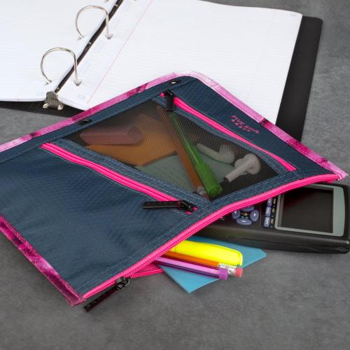 Five Star Pencil Pouch, Pen Case, 3-Pocket Zipper Pouch, Fits 3-Ring Binder, Storage Organizer for Classroom Supplies Earbuds Chargers Cables Makeup, Navy/Pink (506420B-ECM)