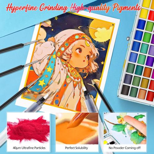 Caliart Watercolor Paint Set, 50 Colors Portable Travel Water Color Palette Kit with Detail Paint Brush, Art Supplies for Painting Coloring, Drawing Gifts for Adults Professional Artists