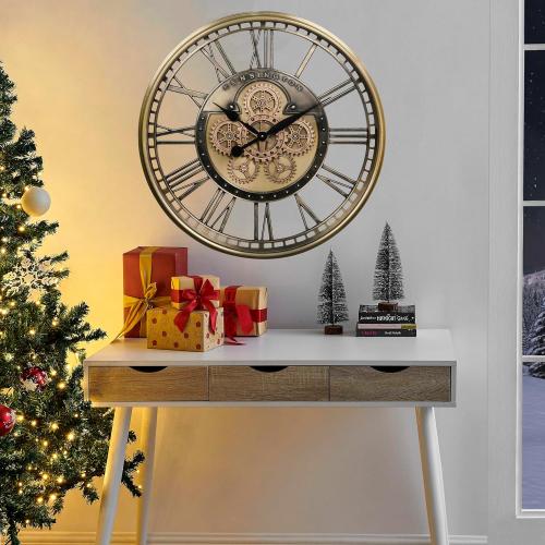 CLXEAST Gold Moving Gear Wall Clock for Modern Living Room Decor,Oversized Large Metal Roman Numeral Wall Clocks for Farmhouse Home Decor,28 Inch