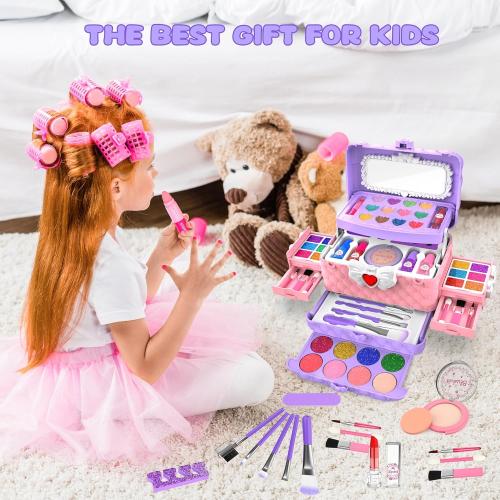 54 Pcs Kids Makeup Kit for Girls, Princess Real Washable Pretend Play Cosmetic Set Toys with Mirror, Birthday Gifts for 3 4 5 6 7 8 9 10 Years Old Girls Kids (Light Purple)