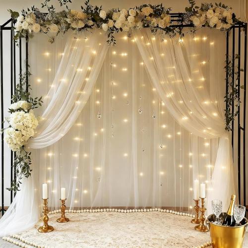 10x10ft White Tulle Backdrop Curtain with Lights String for Parites, Sheer Photo Backdrop Drapes with Lights for Wedding Ceremony Reception Baby Shower Bridal Shower Birthday Party