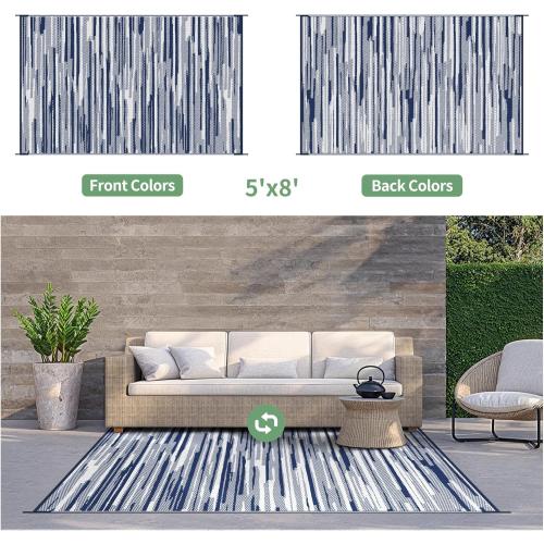GENIMO Outdoor Rug for Patio Clearance, 5'x8' Waterproof Camping Mat, Reversible Plastic Straw Rugs for RV, Camper, Balcony, Backyard, Picnic, Deck (Blue White)