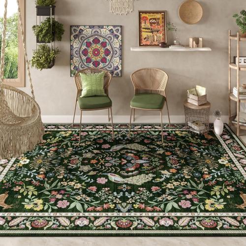 Living Room Rug 5x7 Rug Machine Washable Area Rug Floral Non-Slip Low Pile Large Rugs for Living Room, Bedroom, Farmhouse, Dining Room, Kids Playroom (Emerald Green)