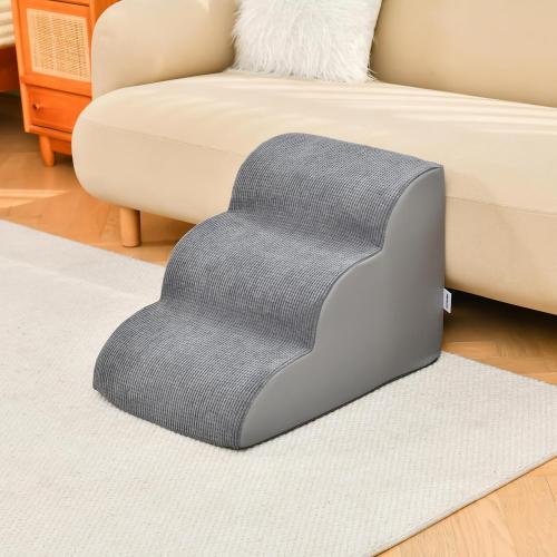 Dog Stairs for Small Dogs 15.7 H, 3-Step Pet Stairs with High-Density Foam, Curved Ramp Design for Puppies, Medium Pets and Older Cats, Dog Steps for Bed, Couch or Sofa, 15.7 × 22.4 × 15.7 Inch, Gray