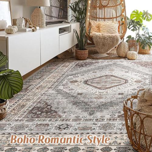 9x12 Rugs for Living Room: Washable Boho Large Neutral Vintage Soft Area Rug Indoor Stain Resistant Non-Slip Carpet for Bedroom Dining Room Playroom Office Home Decor- Brown Grey