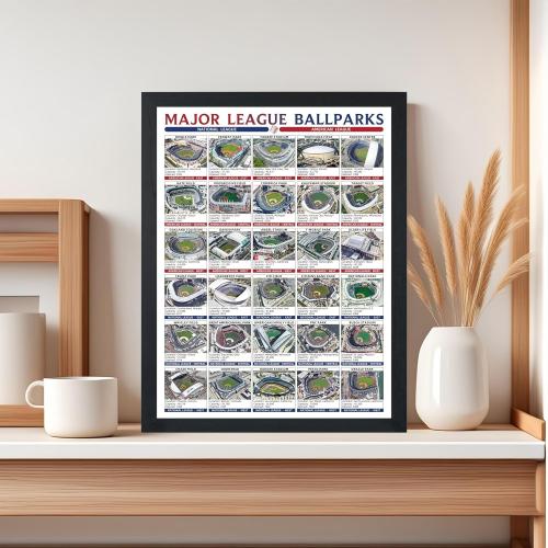 Guwinexi MLB Baseball Stadium Map Tracker - 30 Ballparks Wishlist Poster with Premium Solid Wood Frame,12X16Baseball Decor Gift for Fans, Bedroom/Office Decor