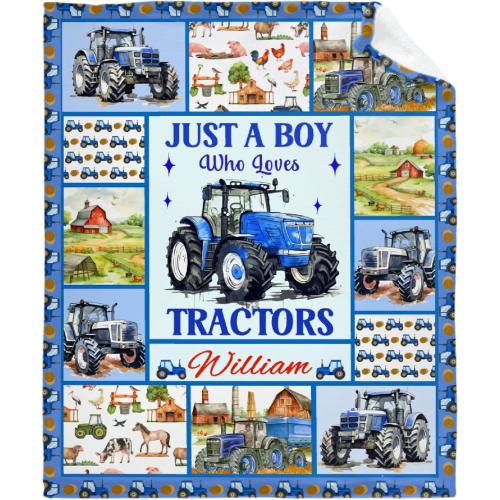 Custom Just A Boy Who Loves Tractors Blankets Gifts for Birthday Son On Bed Sofa,Personalized Premium Flannel Blankets for Christmas Thanksgiving, All Season Use 50''x 60'' -M