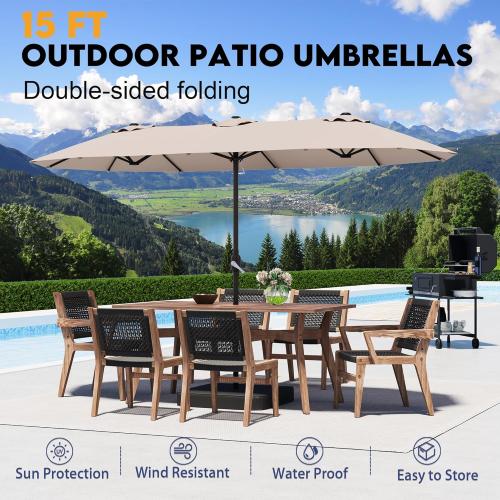 15ft Patio Umbrella with Base,Large Outdoor Double-Sided Rectangle Umbrella with Crank Handle, Market Umbrella for Poolside Garden Deck Backyard Beach Pools, Beige