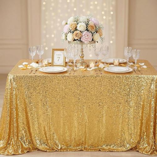 Glitter Gold Tablecloth for Parties 90x156 Inch Rectangle Sequin Fabric | Table Cloth for Wedding Birthday Banquet, Seamless ONE-PIECES, Sparkly 3MM sequin, Serged Edges No Falling, for 6-10FT Table