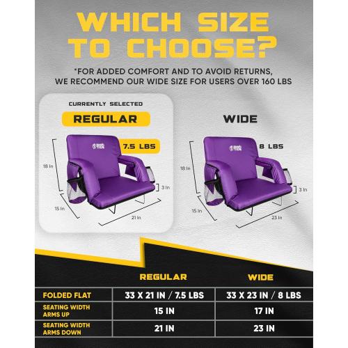 BRAWNTIDE Stadium Seat for Bleachers with Back Support - Wide Padded Reclining Bleacher Seat, Portable Folding Stadium Chair with Armrests, Hooks, Straps, Cup Holders & Pockets (Purple, 21)