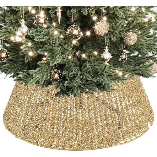 ELYKEN 28 Inch Christmas Tree Collar, Gold Woven Xmas Tree Skirt for 7.5 ft Trees, Stylish Tree Base Cover with Cord Cut-Out, Round Tree Ring for for Pencil Trees, Easy Assembly