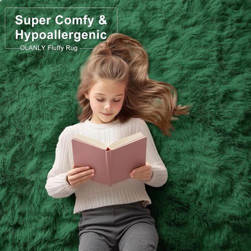 OLANLY Area Rugs for Living Room Bedroom, Machine Washable 4x5.9 ft Soft Fluffy Shaggy Bedside Rug, Indoor Floor Carpet for Kids Girls and Boys, Dorms, Nursery Rooms, Home Decor Aesthetic, Dark Green