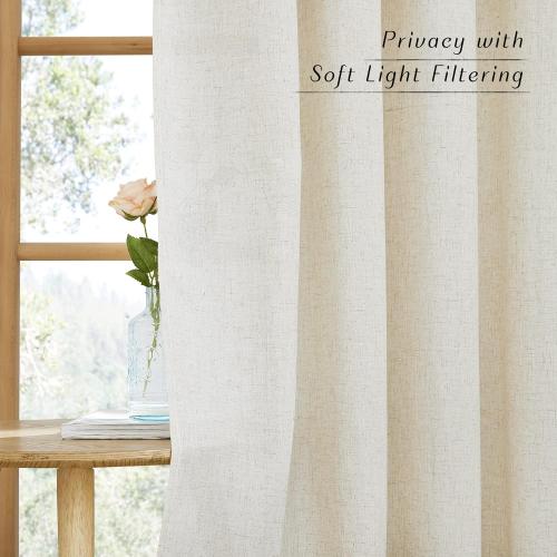 NICETOWN Flax Linen Semi Sheer Curtains 96 inches Long, Grommet Vertical Drapes Privacy Added with Light Filtering Window Treatments for Bedroom/Living Room, Natural, W55 x L96