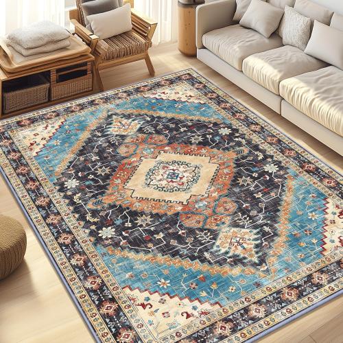 Yamaziot Washable Area Rugs 5x7 – Non Slip Boho Vintage Rug for Bedroom, Low Pile Floor Carpet Soft Distressed Rug for Living Room, Bedroom, Dining Room, Black Navy Blue