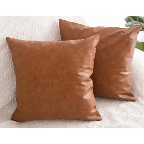 Faux Leather Throw Pillow Covers 22x22 inch, Set of 2 Thick Cognac Brown Modern Solid Decorative Square Minimalist Cushion Cases for Couch Bed Sofa