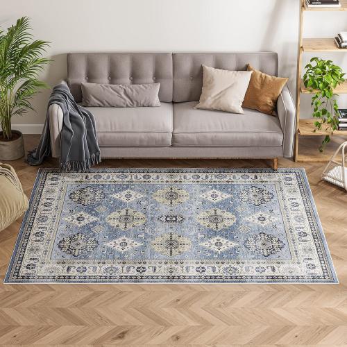 Dripex Vintage Washable Area Rug - 5x8 Distressed Rugs for Living Room Bedroom Oriental Medallion Floral Print Carpet Low-Pile Indoor Soft Non-Slip Accent Rug Farmhouse Office Home Decor