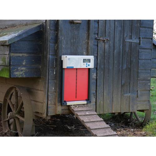 ChickenGuard Red AIO Automatic Chicken Coop Door & Solar Kit Bundle | Solar-powered automatic chicken door bundle with timer/light sensor, anti-pinch and weather-resistant anti-lift aluminum door