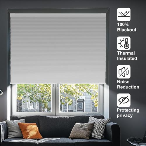 No Drill No Tools Blackout Cellular Shades Easy to Install for Indoor Windows Cordless Honeycomb Blinds Noise Reduction Thermal Insulated,White,34.5 W x 64 H