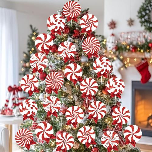 24 Pcs Large Christmas Decorations Indoor: Red White Peppermint Lollipop Christmas Tree Picks Swirl Lollipop Decorations for Xmas Tree Topper Home Office Party Vase Decor