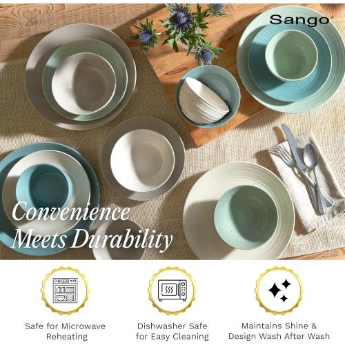 Sango Siterra Artist's Blend 16-Piece Stoneware Dinnerware Set for 4, Green, Cream & White Glossy Dishes with Speckles, Ceramic Plates and Bowls Sets for Everyday Dining, Microwave & Dishwasher Safe