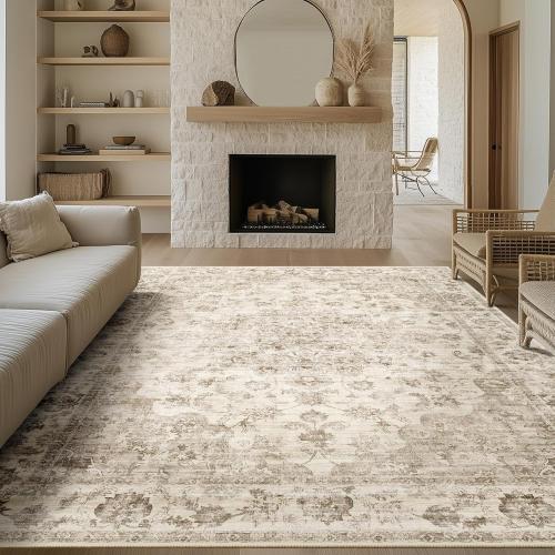 9x12 Neutral Area Rug Beige Vintage Living Room Bedroom Washable Carpet Non-Slip Soft Low Pile Farmhouse Indoor Large Throw Rug for Dining Room Office