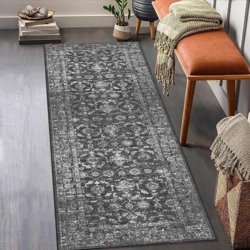 Washable Area Rug 2.6x8 Black Runner Rugs for Living Room, Vintage Boho Hallway Large Rug for Bedroom Dining Room Office, Distressed Floral Carpet for Under Table, Soft Non Slip Low Pile Throw Carpet