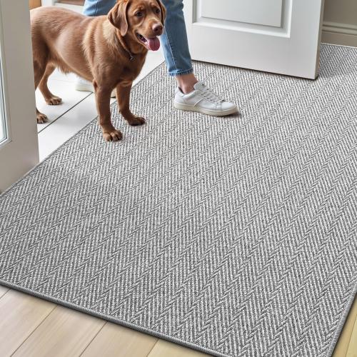 LUMI Ultra Thin Indoor Door Mat for Entrance 48x72, Non Slip Entryway Mat, Low Profile Doormat, Unique Herringbone Design Carpet for Inside, Patio, Porch, Gray