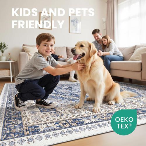 zesthome 12x15 Area Rugs, Large Washable Rug, Ultra-Thin Stain Resistant Rugs for Living Room, Bedroom, Non-Slip Backing Home Decor Area Rug (Blue/Beige,12'x15')